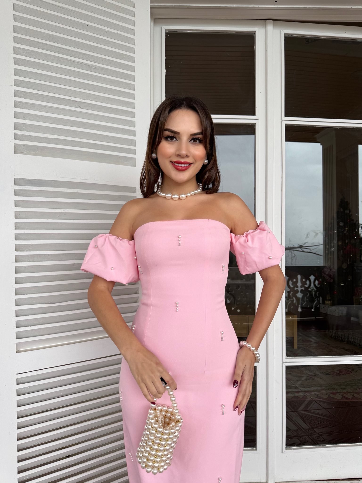 Robe bustier rose perles