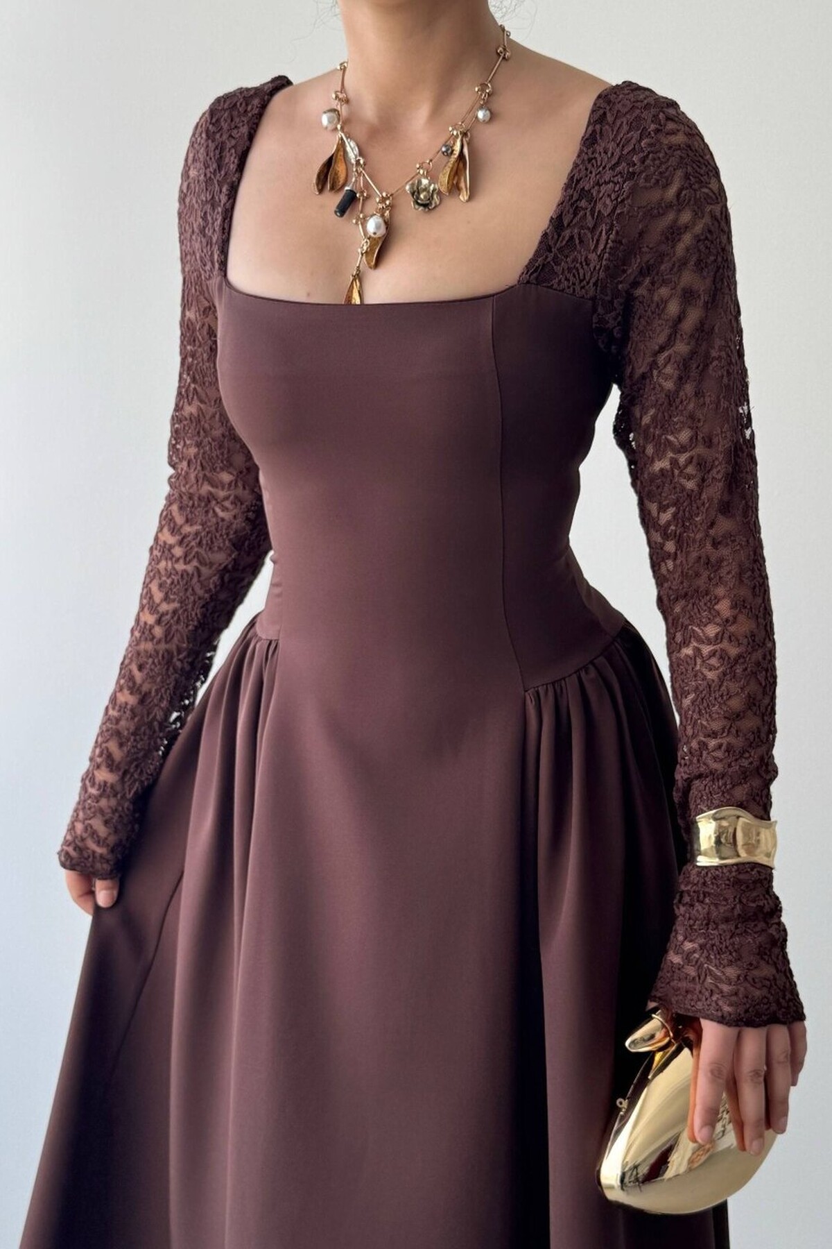 Robe Marron encolure carrée dentelle – Image 2